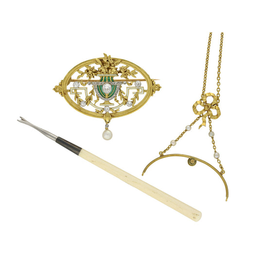 Lucien Gautrait French Art Nouveau Platinum & 18KT Yellow Gold Diamond, Enamel & Natural Pearl Pendant / Brooch disassembled