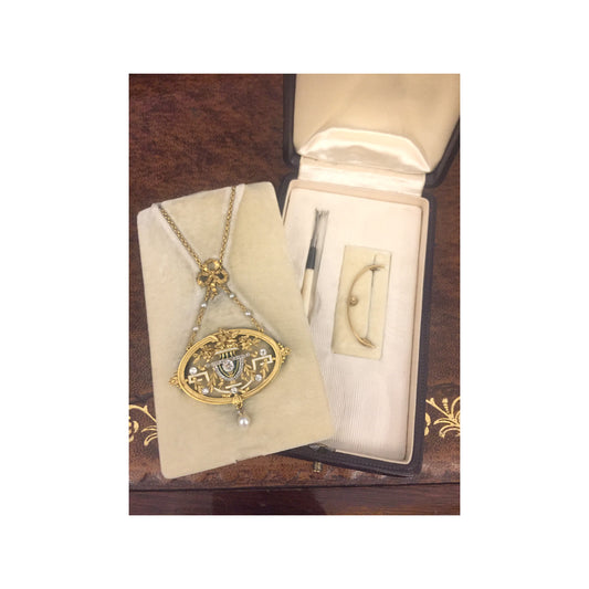 Lucien Gautrait French Art Nouveau Platinum & 18KT Yellow Gold Diamond, Enamel & Natural Pearl Pendant / Brooch in box