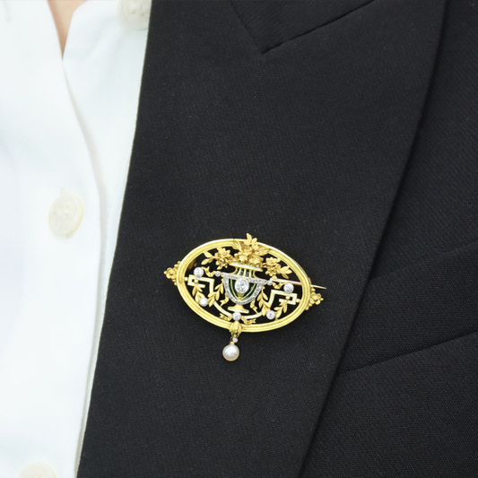 Lucien Gautrait French Art Nouveau Platinum & 18KT Yellow Gold Diamond, Enamel & Natural Pearl Pendant / Brooch worn as brooch