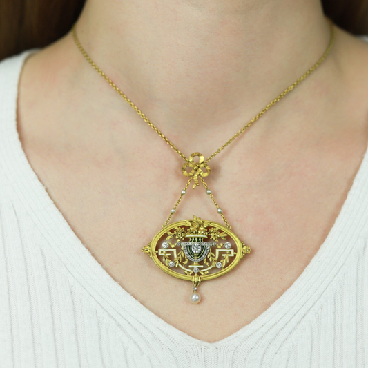 Lucien Gautrait French Art Nouveau Platinum & 18KT Yellow Gold Diamond, Enamel & Natural Pearl Pendant / Brooch worn as pendant