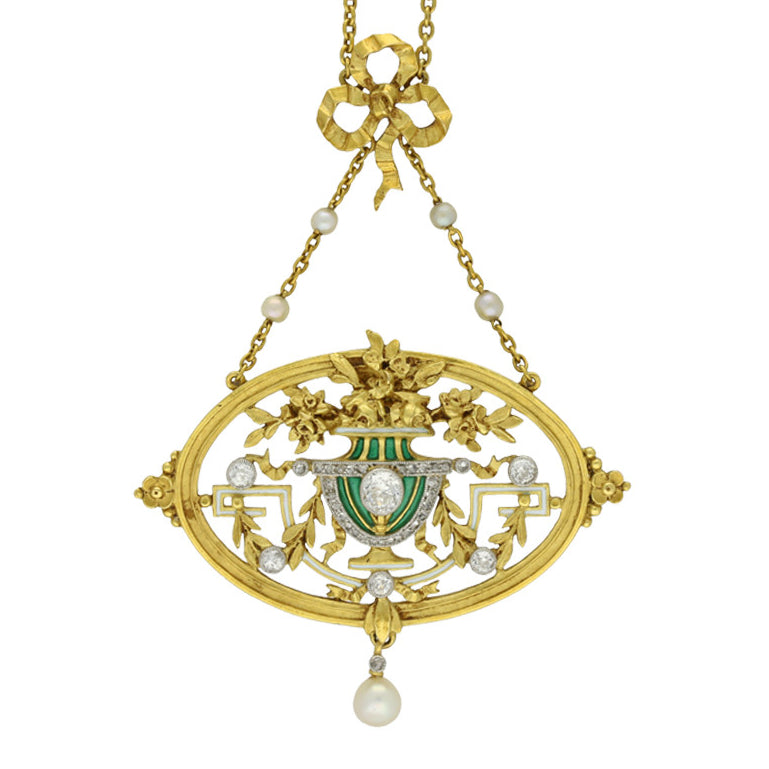 Lucien Gautrait French Art Nouveau Platinum & 18KT Yellow Gold Diamond, Enamel & Natural Pearl Pendant / Brooch front