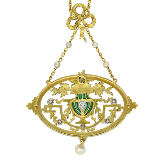 Lucien Gautrait French Art Nouveau Platinum & 18KT Yellow Gold Diamond, Enamel & Natural Pearl Pendant / Brooch back