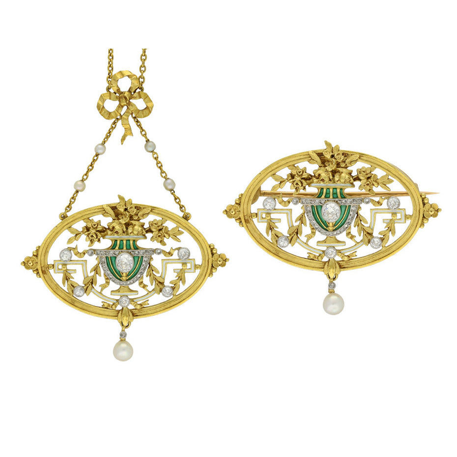 Lucien Gautrait French Art Nouveau Platinum & 18KT Yellow Gold Diamond, Enamel & Natural Pearl Pendant / Brooch front