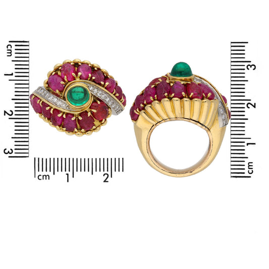 Marchak Paris 1950s Platinum & 18KT Yellow Gold Emerald, Diamond & Ruby Ring front and profile