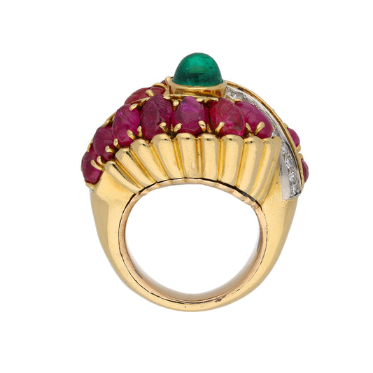 Marchak Paris 1950s Platinum & 18KT Yellow Gold Emerald, Diamond & Ruby Ring profile