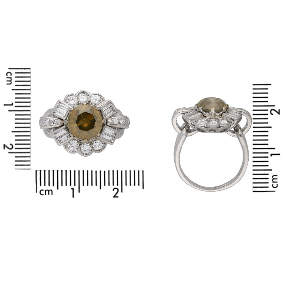 1950s 18KT White Gold Yellow-Brown & White Diamond Ring front and profile