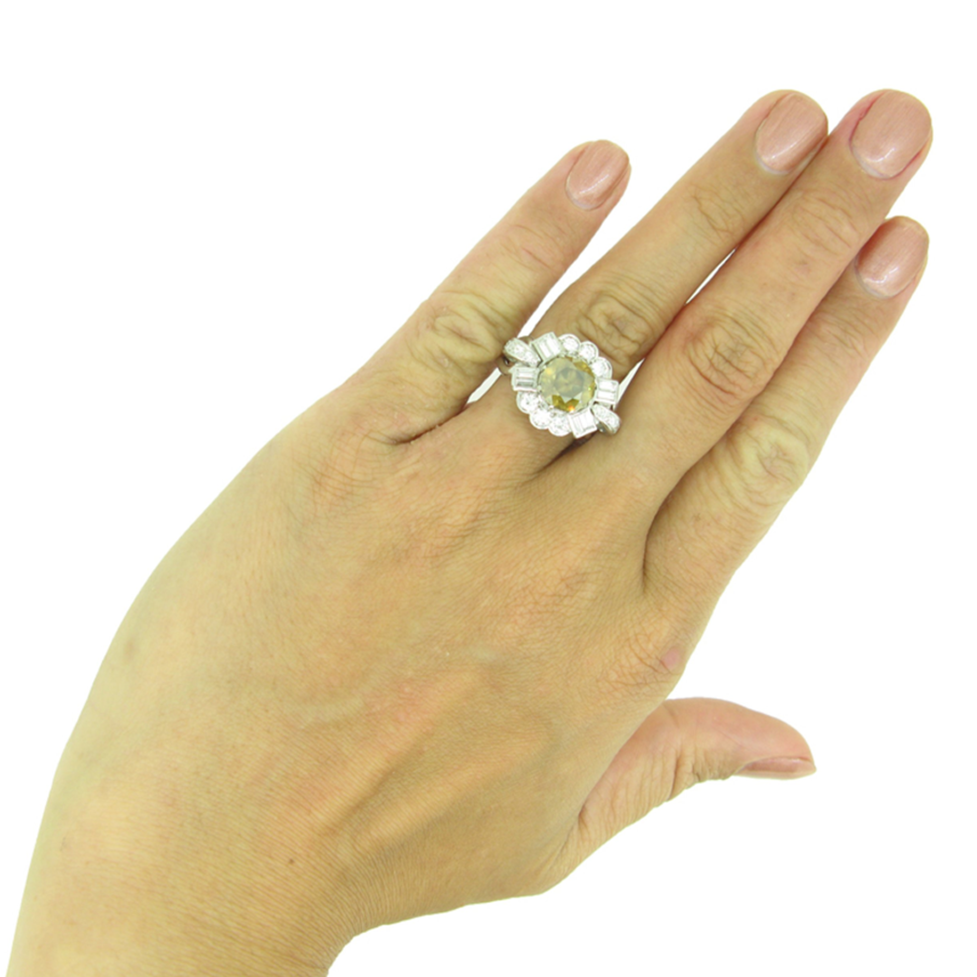 1950s 18KT White Gold Yellow-Brown & White Diamond Ring on finger