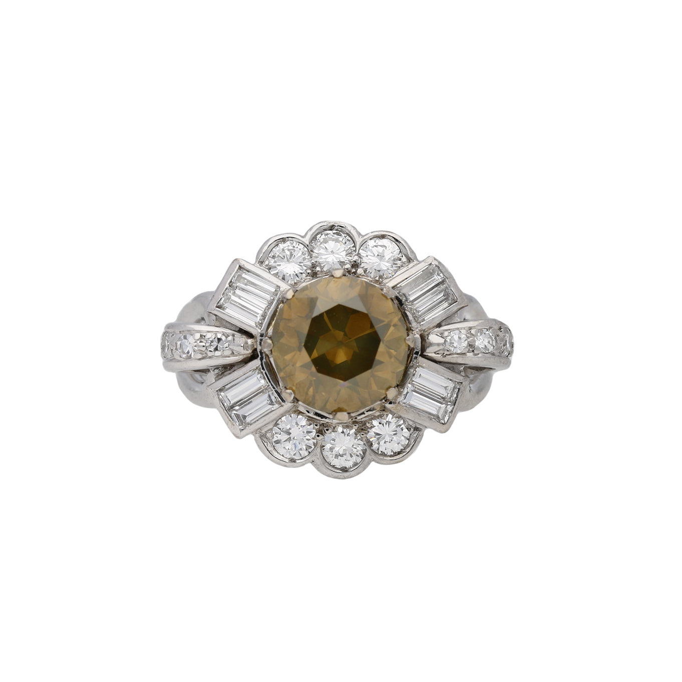 1950s 18KT White Gold Yellow-Brown & White Diamond Ring front