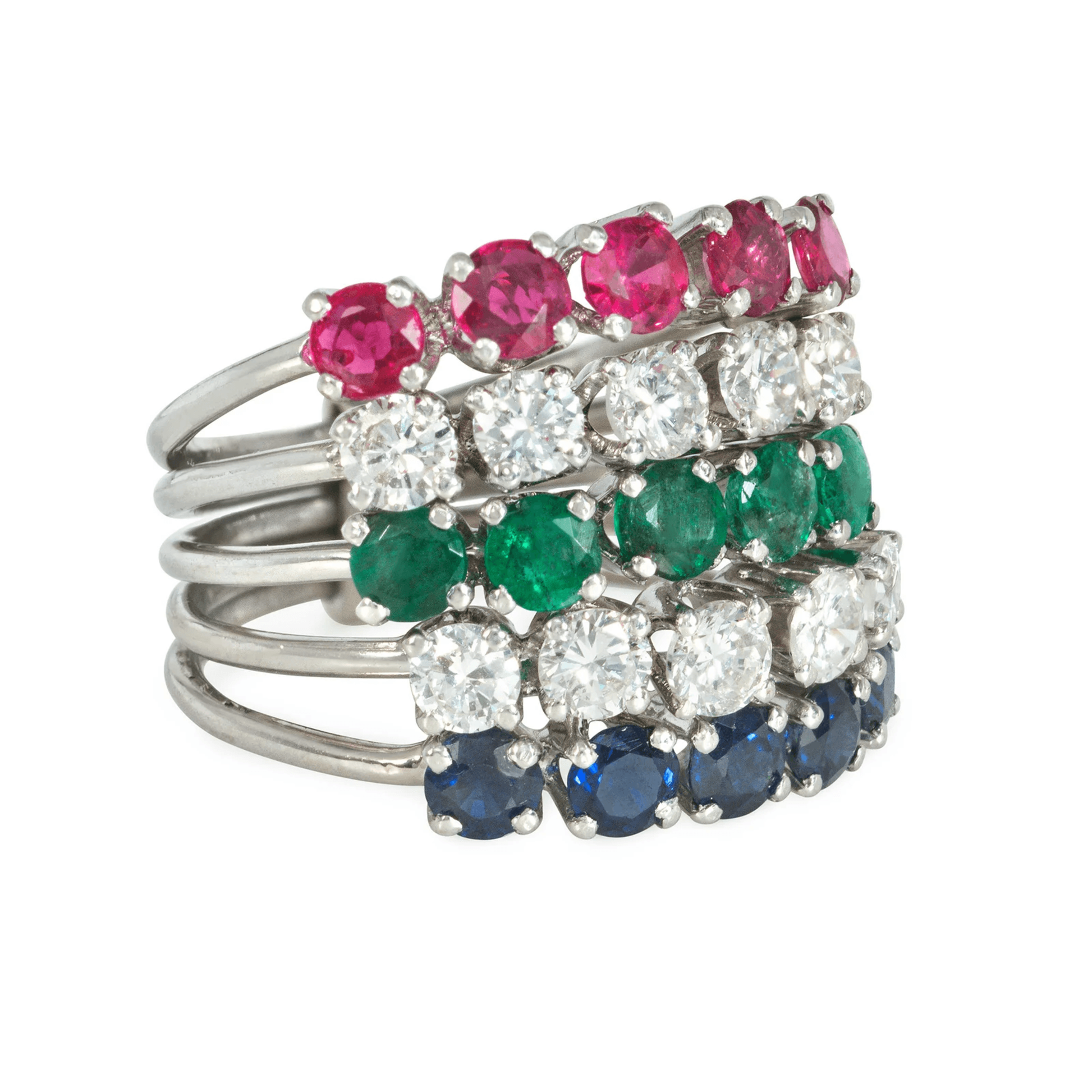 1970s 18KT White Gold Diamond, Emerald, Ruby & Sapphire Harem Ring side