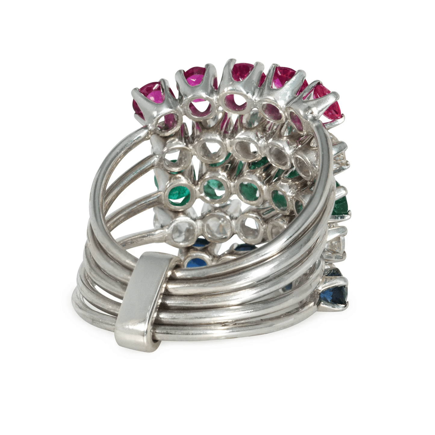 1970s 18KT White Gold Diamond, Emerald, Ruby & Sapphire Harem Ring back