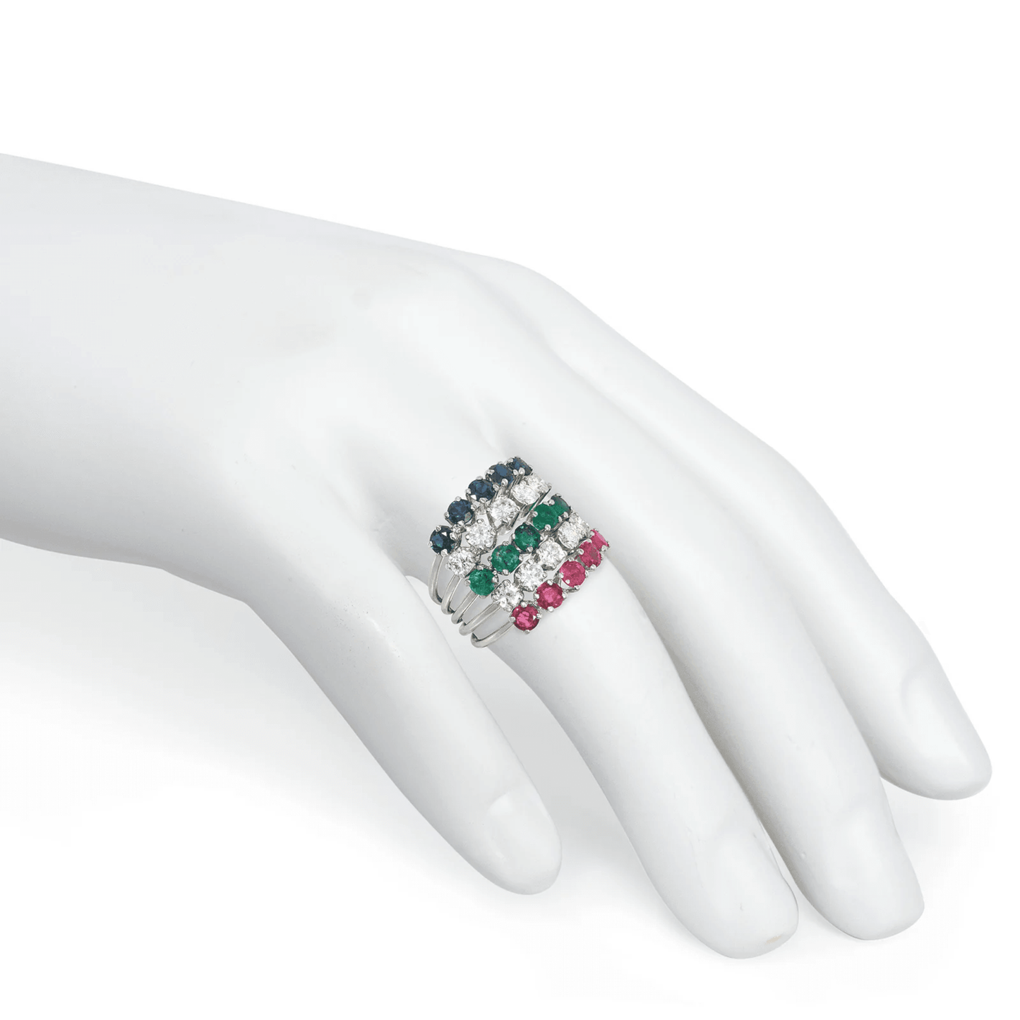 1970s 18KT White Gold Diamond, Emerald, Ruby & Sapphire Harem Ring on finger