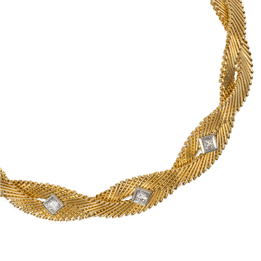 French 1950s 18KT Yellow & White Gold Diamond Necklace close-up details