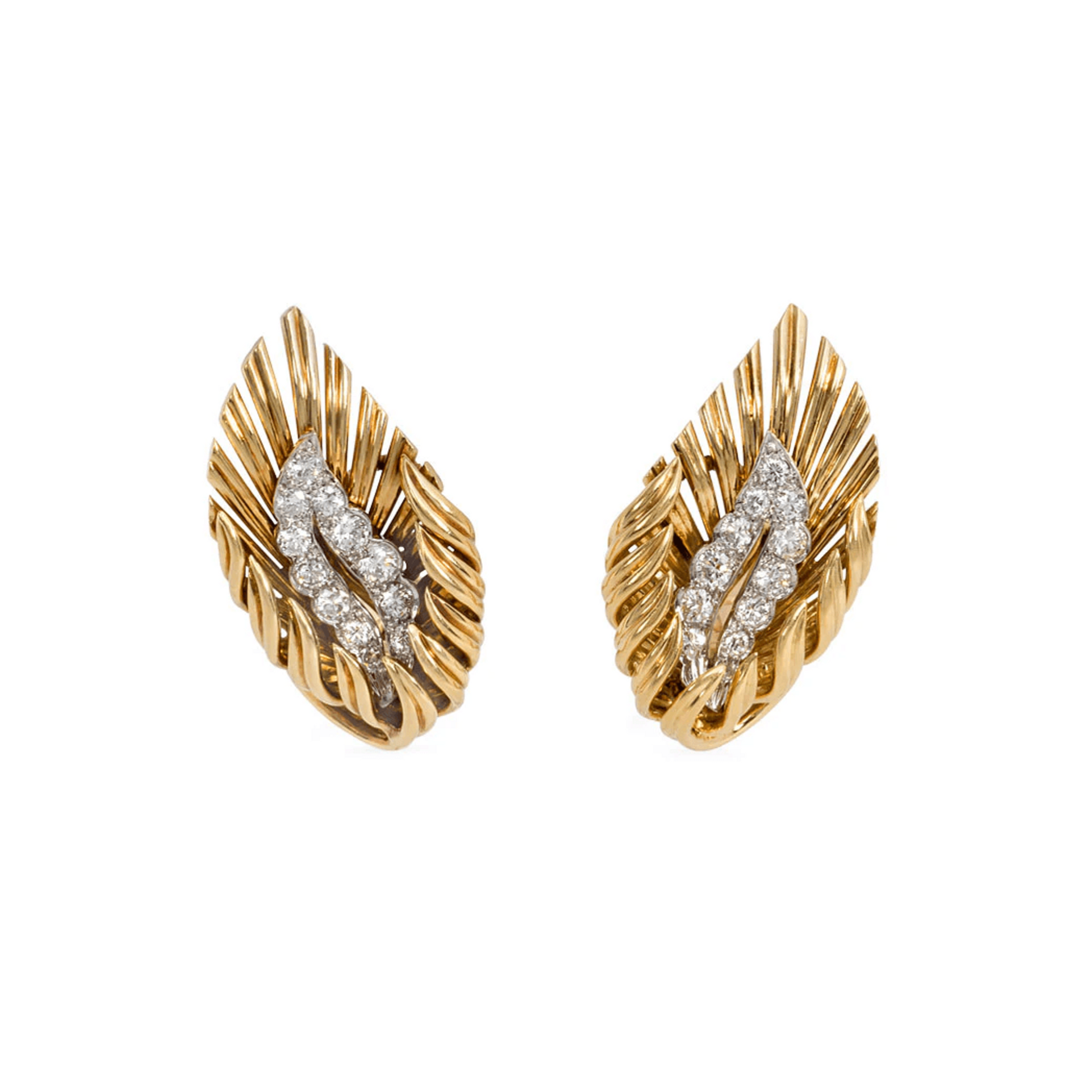 Boucheron French 1950s 18KT Yellow Gold Diamond Earrings front