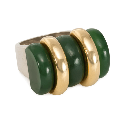 Puiforcat French Art Deco Silver & 18KT Yellow Gold Jade Nephrite Ring front side