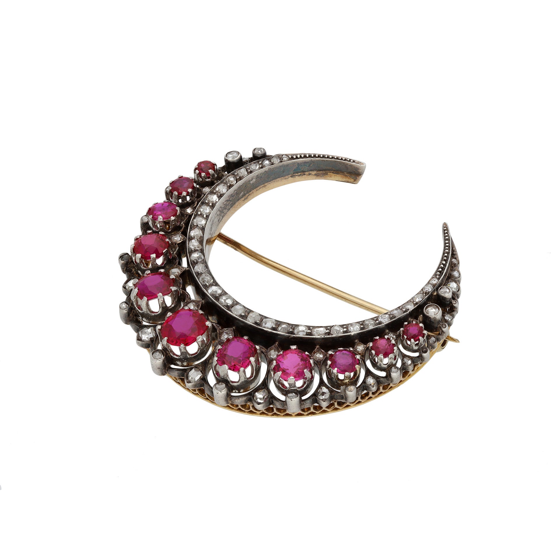 Victorian Silver & 18KT Yellow Gold Ruby & Diamond Crescent Brooch profile