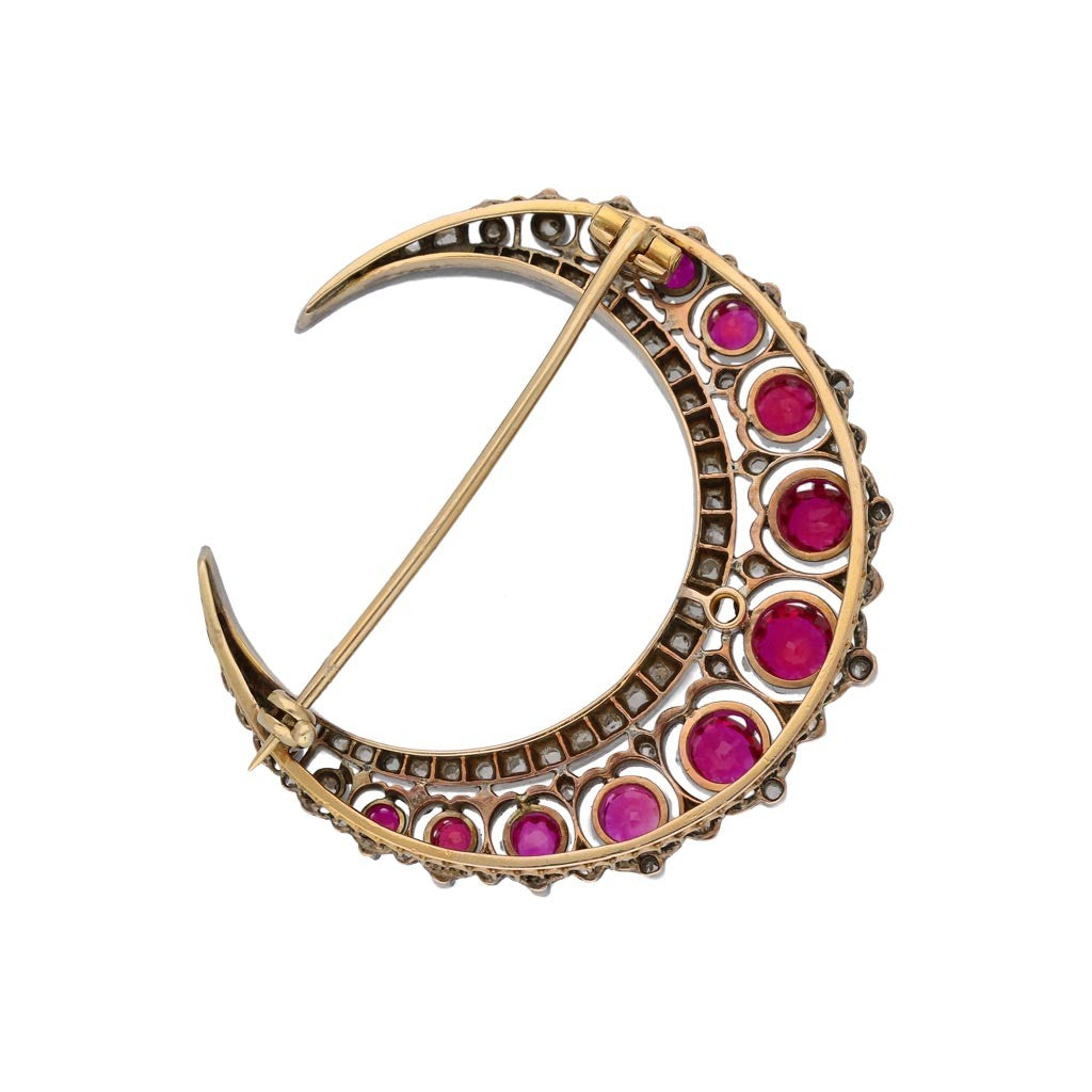 Victorian Silver & 18KT Yellow Gold Ruby & Diamond Crescent Brooch back