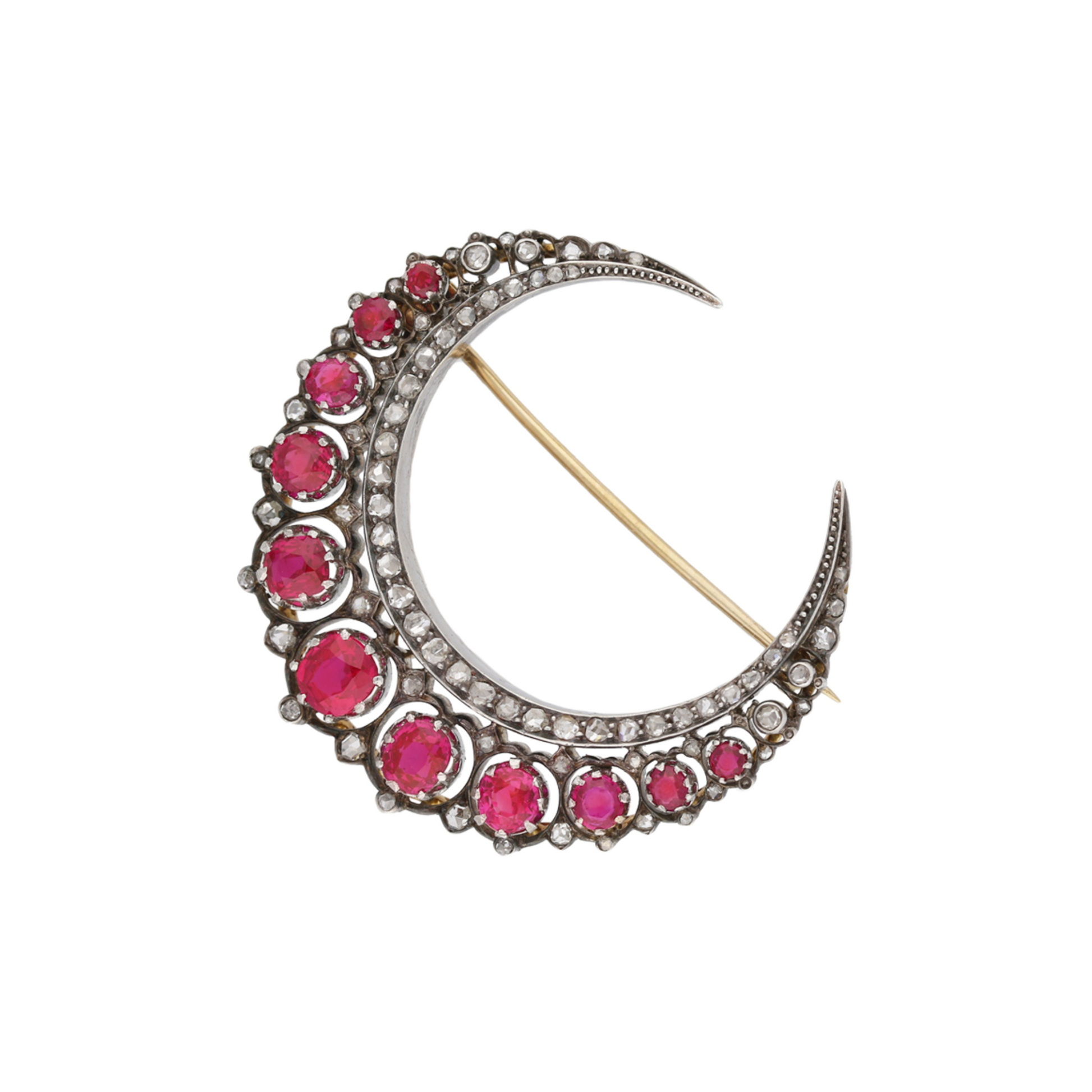 Victorian Silver & 18KT Yellow Gold Ruby & Diamond Crescent Brooch front