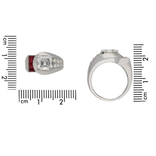 Raymond Yard Art Deco Platinum Diamond & Ruby Ring front and profile