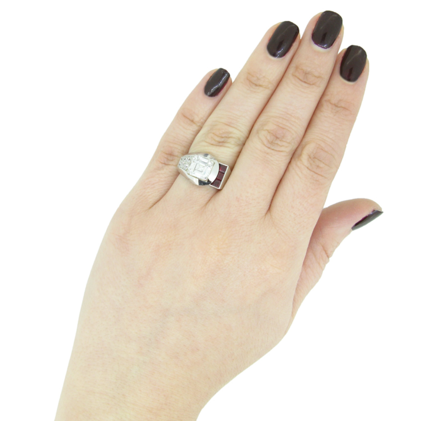 Raymond Yard Art Deco Platinum Diamond & Ruby Ring on finger