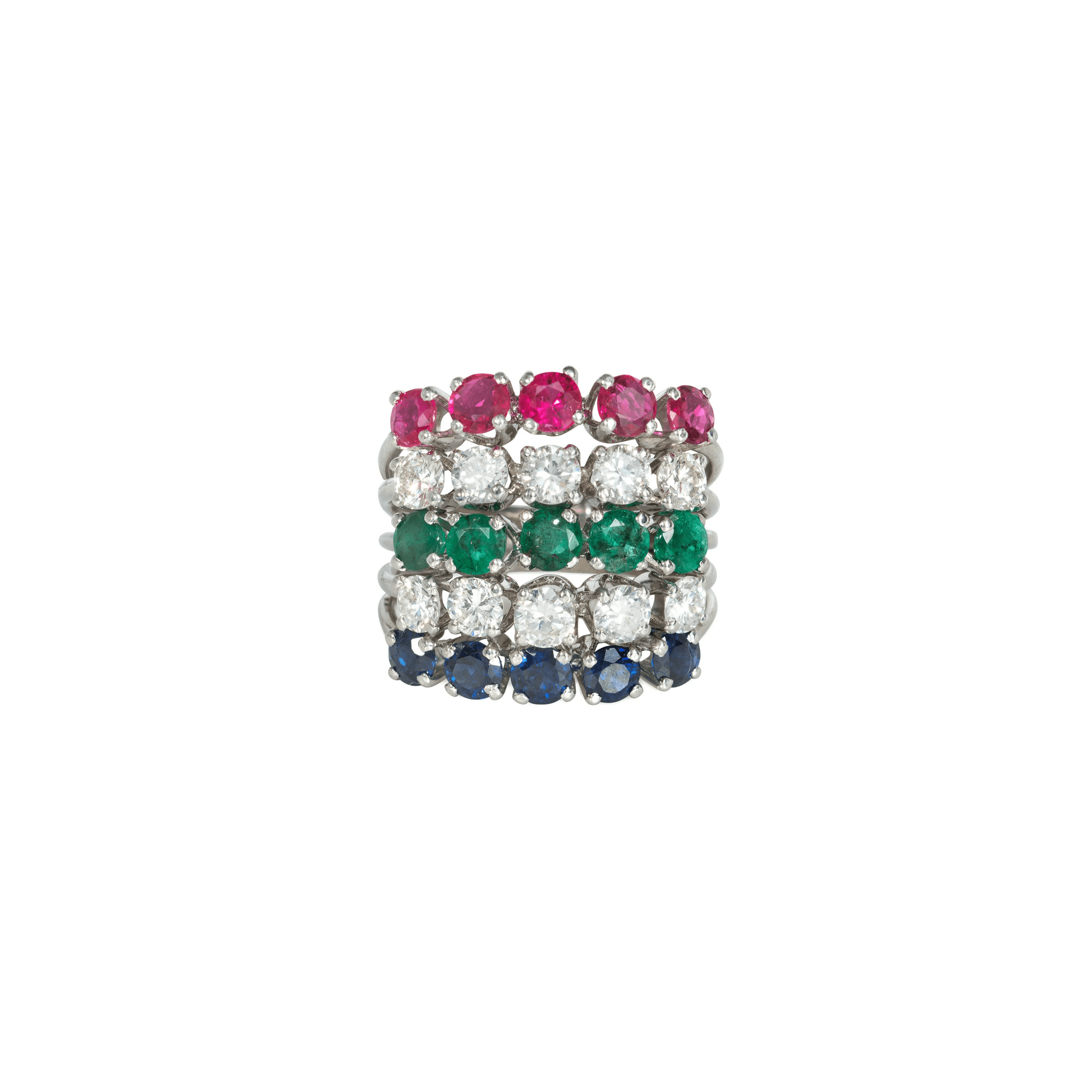 1970s 18KT White Gold Diamond, Emerald, Ruby & Sapphire Harem Ring front