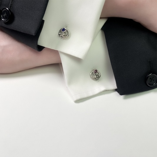 Art Deco Platinum Diamond, Ruby & Sapphire Cufflinks on cuffs