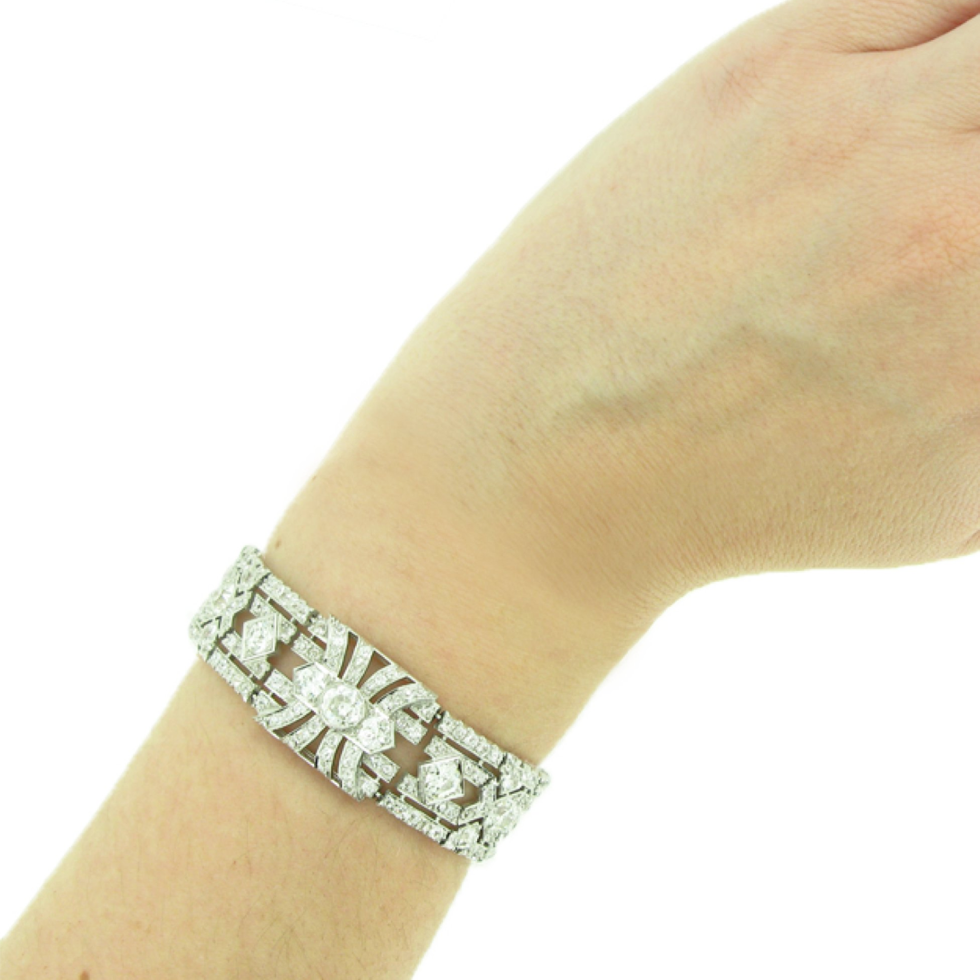 Art Deco Platinum Diamond Bracelet on wrist