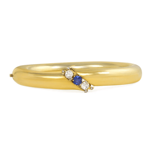 Antique 14KT Yellow Gold Sapphire & Diamond Bangle Bracelet front