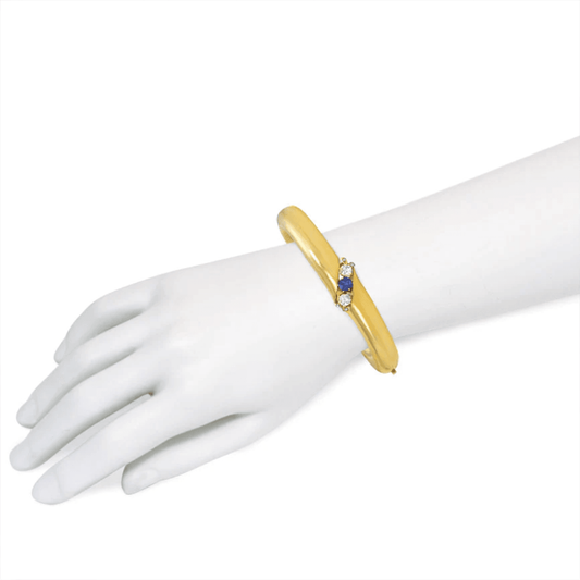 Antique 14KT Yellow Gold Sapphire & Diamond Bangle Bracelet on wrist