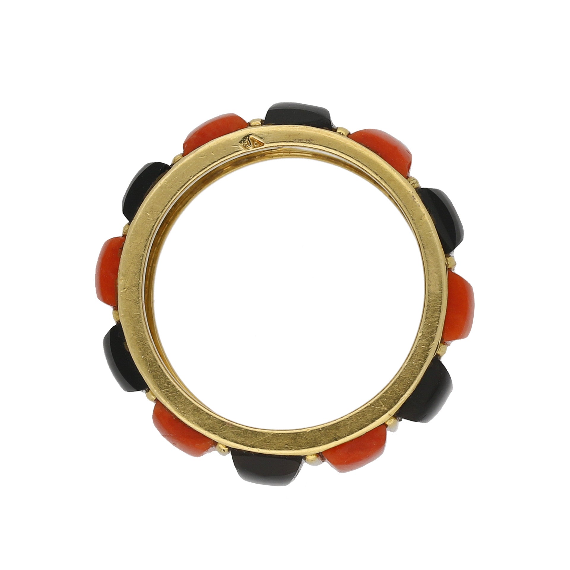 Cartier French 1970s 18KT Yellow Gold Coral & Onyx Ring profile