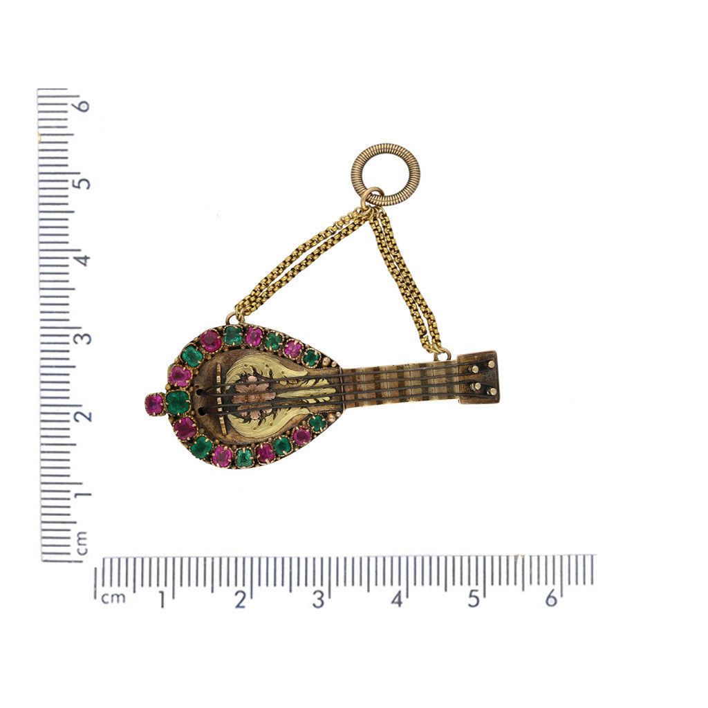 Georgian 18KT Yellow Gold Ruby & Emerald Mandolin Locket Brooch / Pendant front