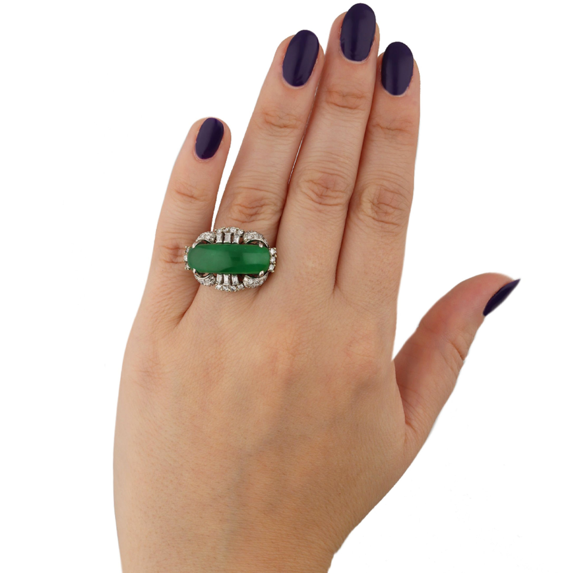 1950s Platinum Jade & Diamond Ring on hand