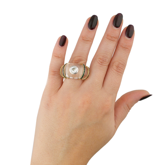 Rene Boivin 1950s Rock Crystal, Diamond, Emerald & Ruby Ring on finger
