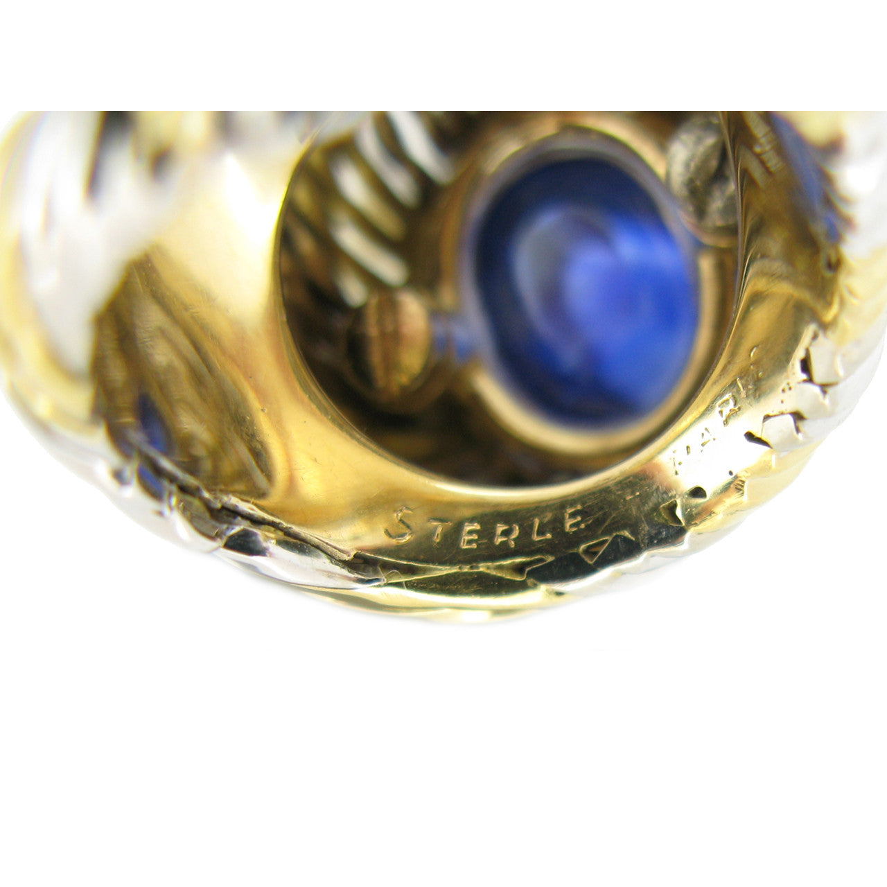 Pierre Sterle 1950s 18KT White & Yellow Gold Sapphire & Diamond Ring close-up of signature