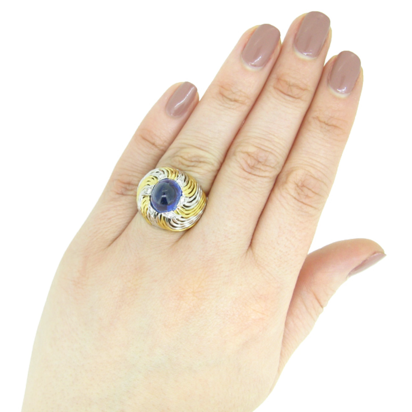 Pierre Sterle 1950s 18KT White & Yellow Gold Sapphire & Diamond Ring on finger