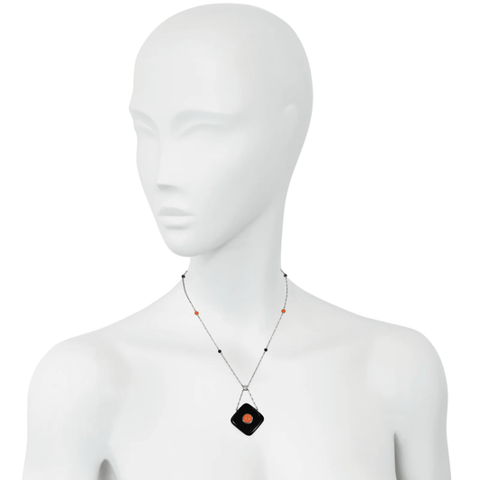 Art Deco Platinum & 18KT Yellow Gold Coral, Diamond & Onyx Pendant Necklace on neck