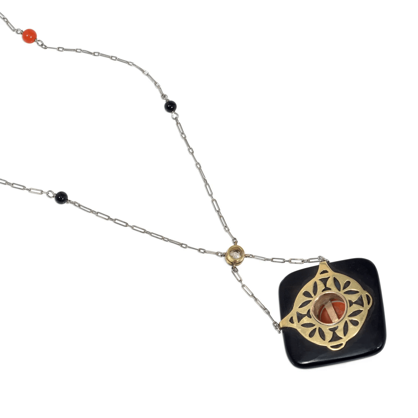 Art Deco Platinum & 18KT Yellow Gold Coral, Diamond & Onyx Pendant Necklace back