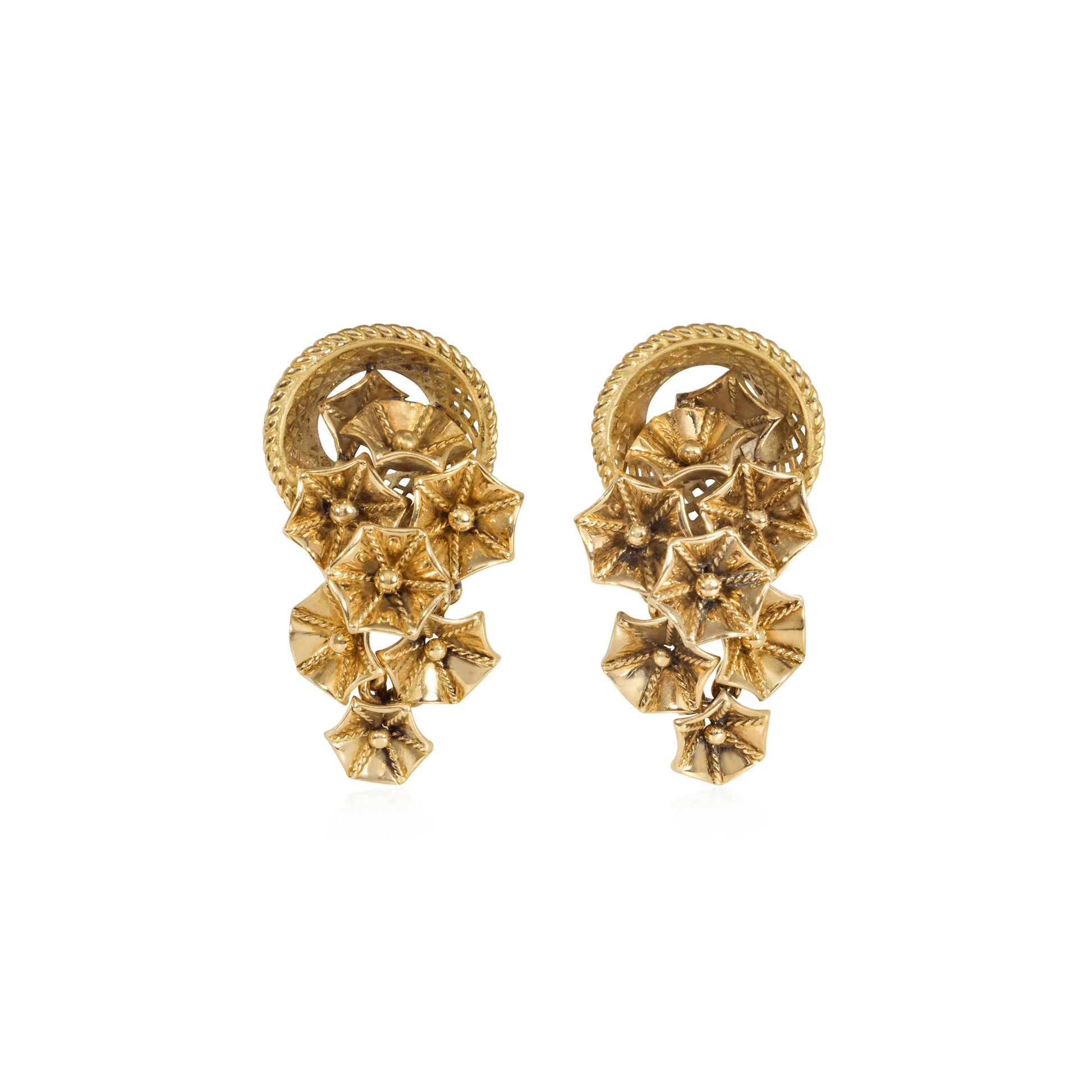 French Retro 18KT Yellow Gold Flower Earrings