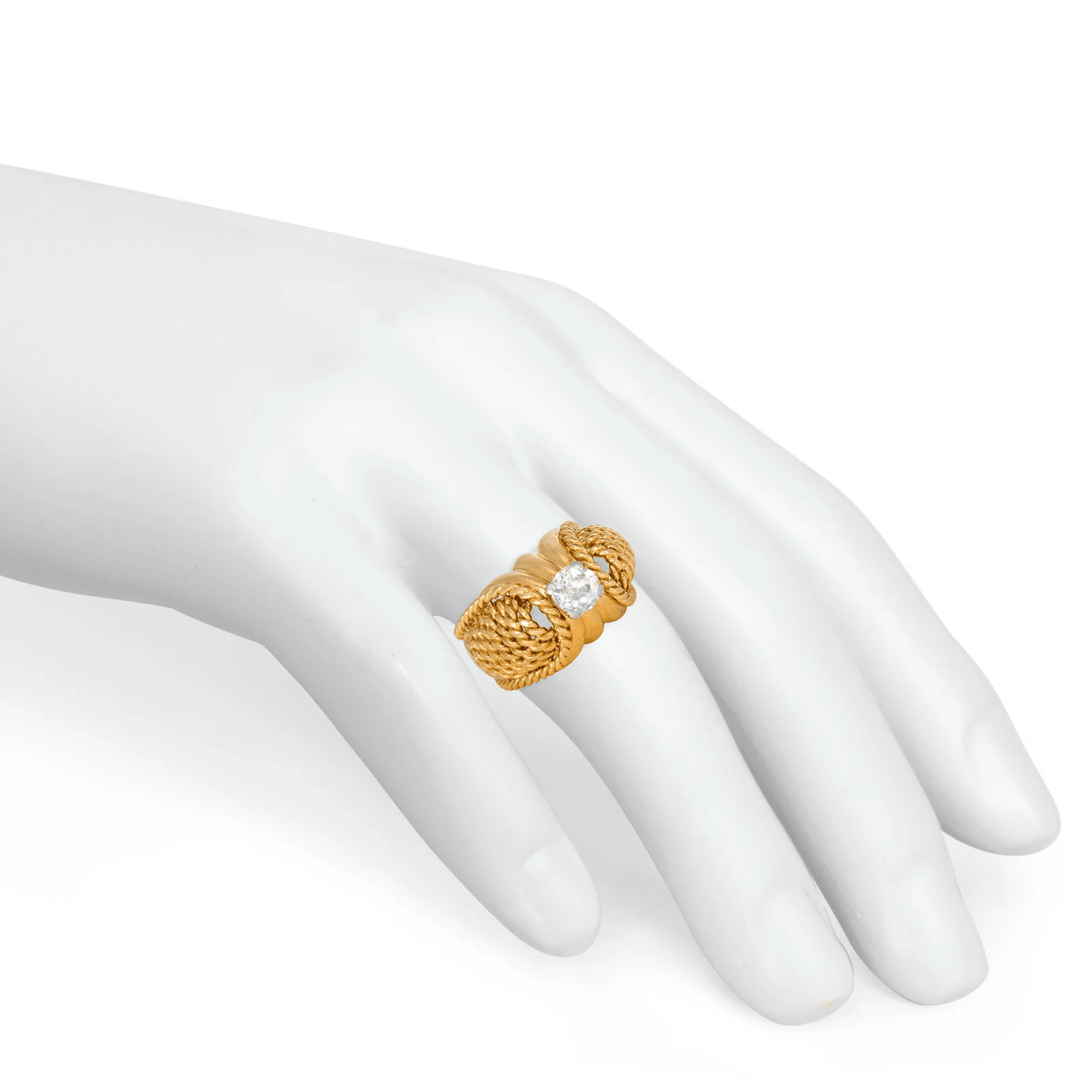 French Retro 18KT Yellow Gold Diamond Bombé Ring on finger