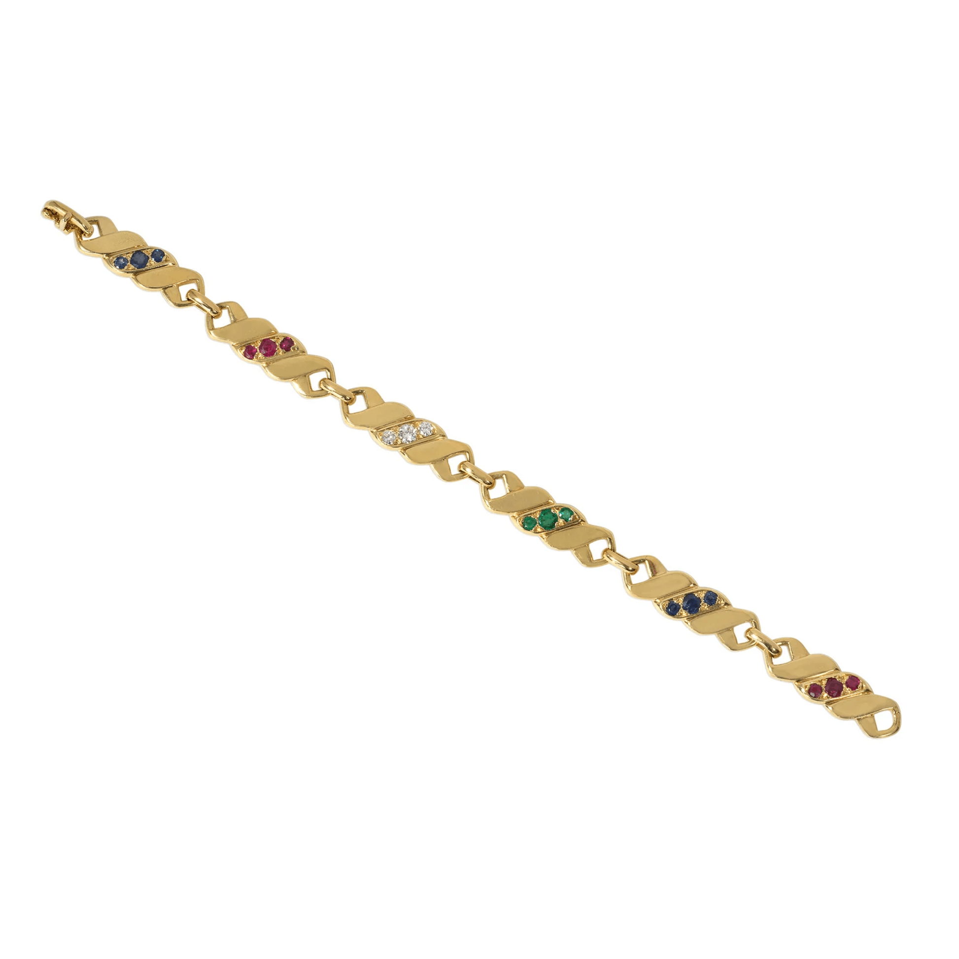Maison Gerard French 1970s 18KT Yellow Gold Diamond, Emerald, Ruby & Sapphire Bracelet front