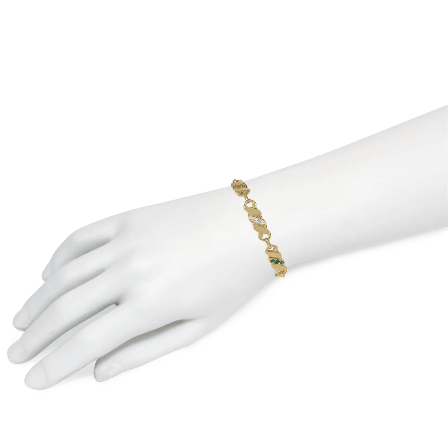 Maison Gerard French 1970s 18KT Yellow Gold Diamond, Emerald, Ruby & Sapphire Bracelet on wrist