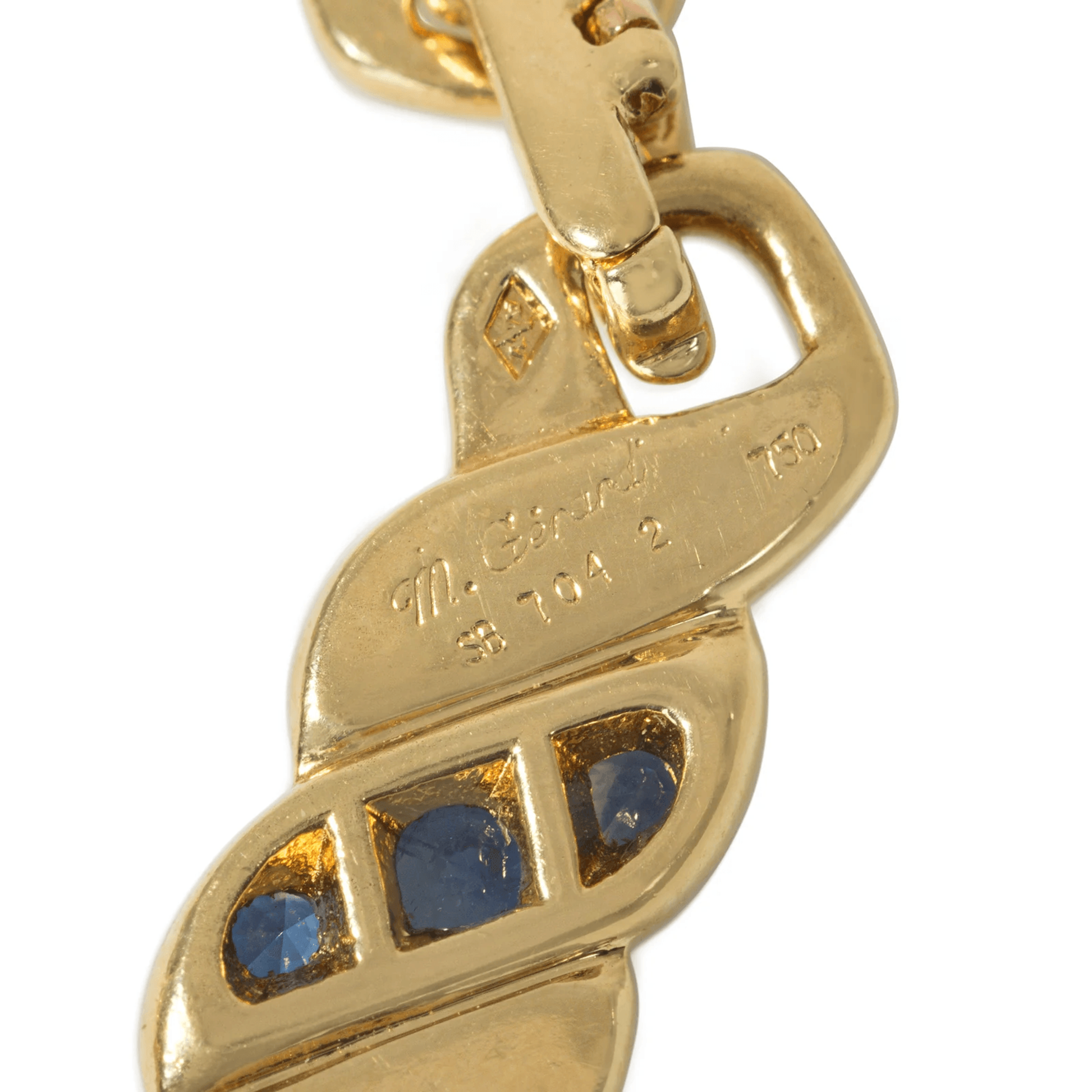 Maison Gerard French 1970s 18KT Yellow Gold Diamond, Emerald, Ruby & Sapphire Bracelet close-up of signature