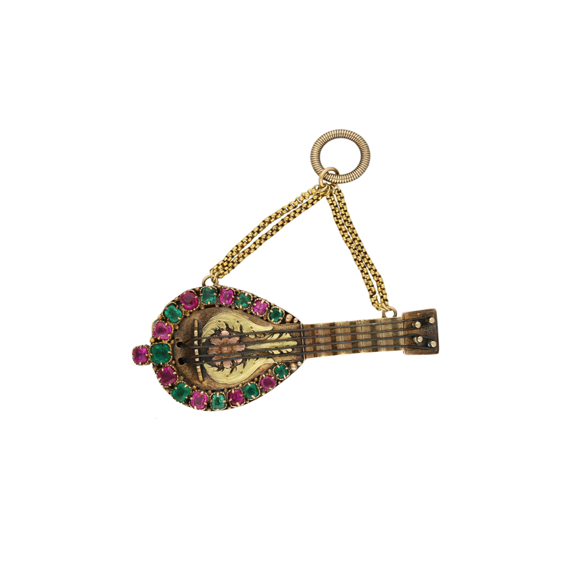 Georgian 18KT Yellow Gold Ruby & Emerald Mandolin Locket Brooch / Pendant front