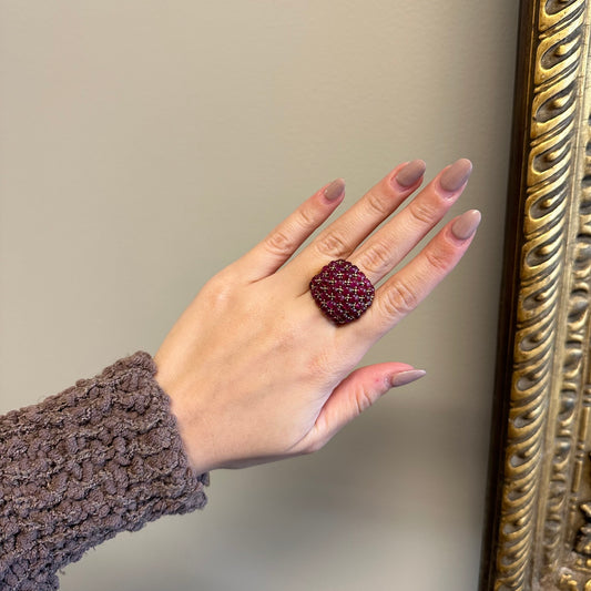 1950s 18KT Yellow Gold Ruby Bombe Ring on finger
