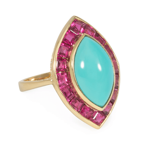 1950s 18KT Yellow Gold Turquoise & Ruby Ring side