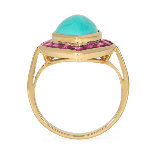 1950s 18KT Yellow Gold Turquoise & Ruby Ring profile