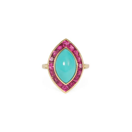 1950s 18KT Yellow Gold Turquoise & Ruby Ring front