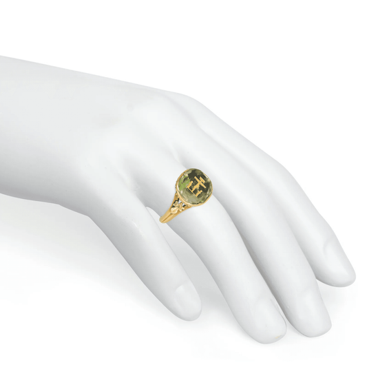 Georgian 18KT Yellow Gold Citrine Passion of Christ Ring on finger