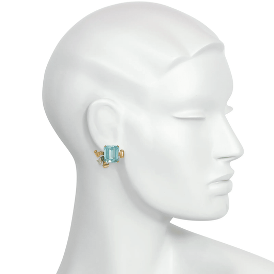 Retro 18KT Rose, White & Yellow Gold Aquamarine Earrings on ear