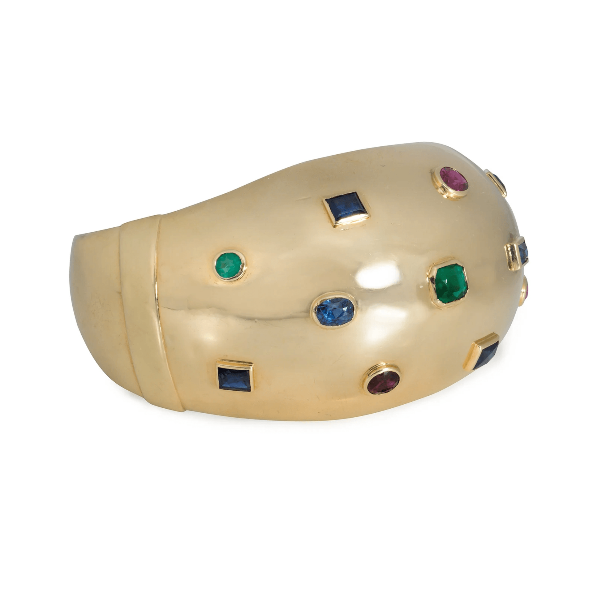 Suzanne Belperron French Retro 18KT Yellow Gold Ruby, Emerald & Sapphire Cuff Bracelet side