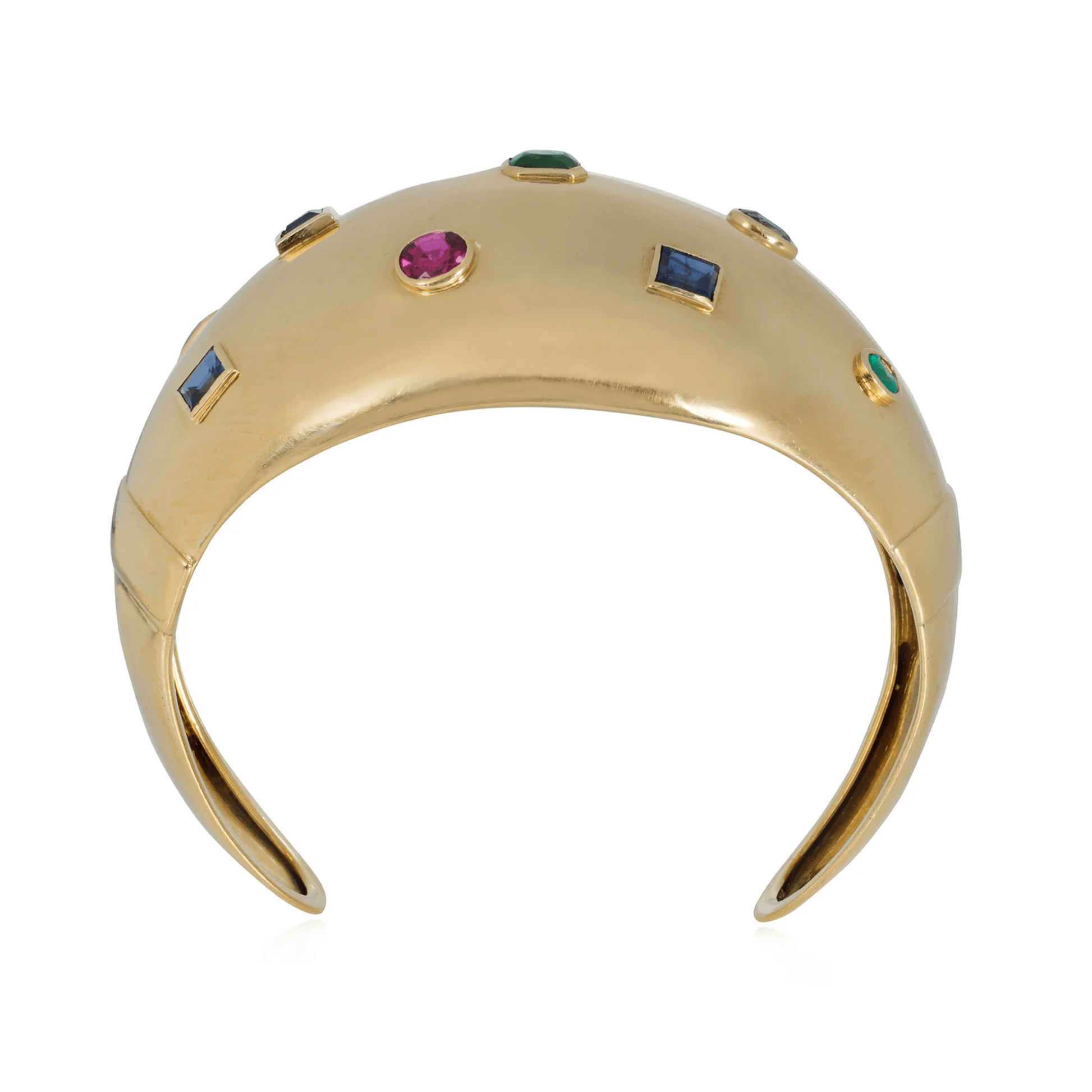 Suzanne Belperron French Retro 18KT Yellow Gold Ruby, Emerald & Sapphire Cuff Bracelet profile